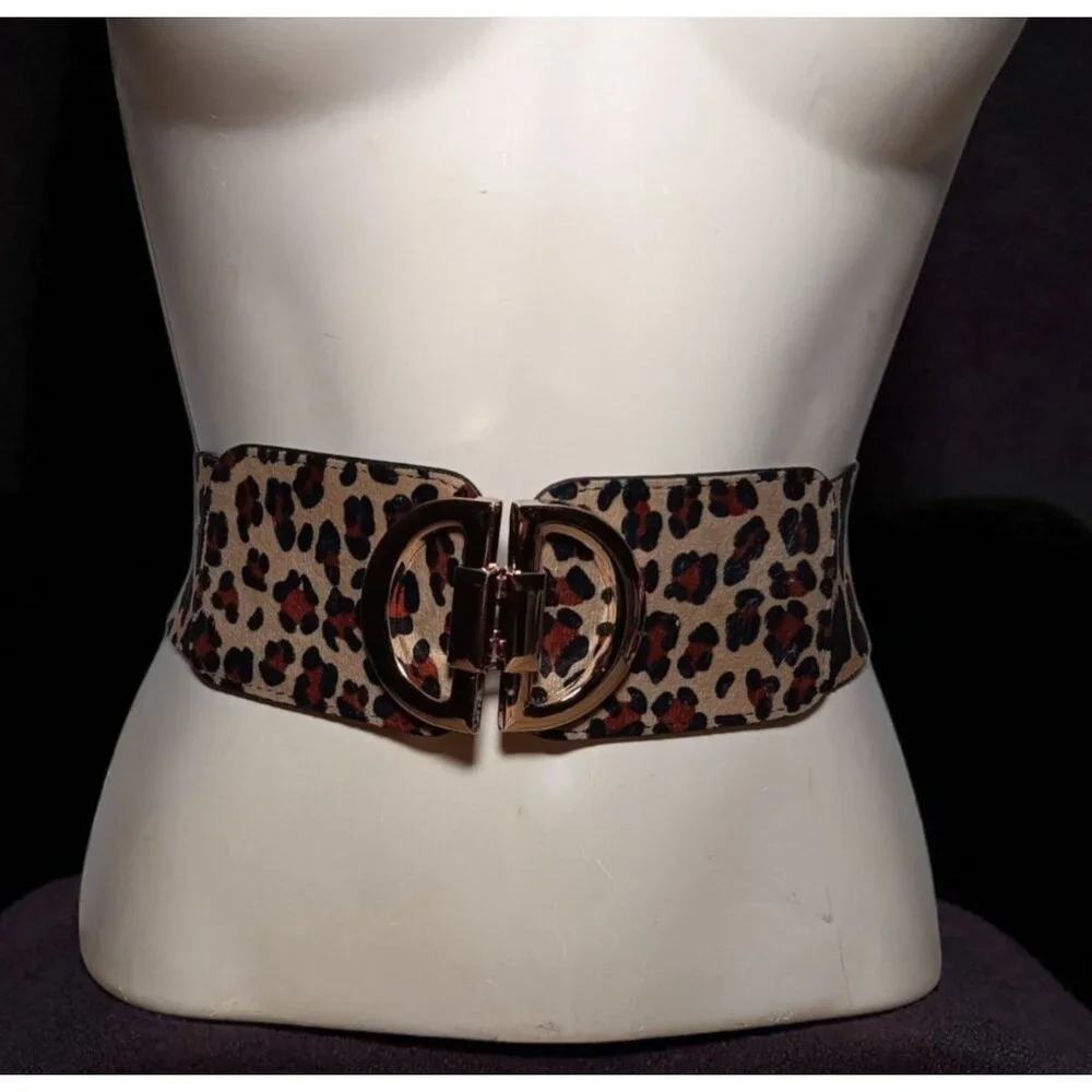 Stretch Animal Print Cinch Belt Gold Buckle Big Cat Cheetah Leopard Spots 26" - Picture 2 of 10